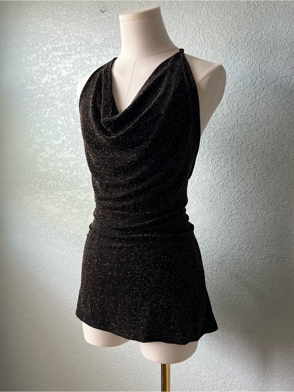 Y2K Black Gold Sparkle Halter Mini Dress Cowl Neck Open Back Size XL